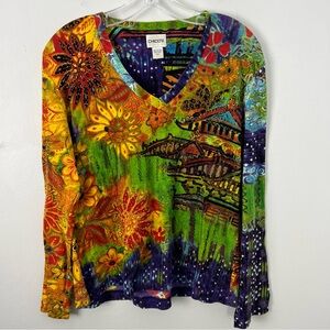 Vintage Chicos Colorful Floral Abstract Long Sleeve Top Beads